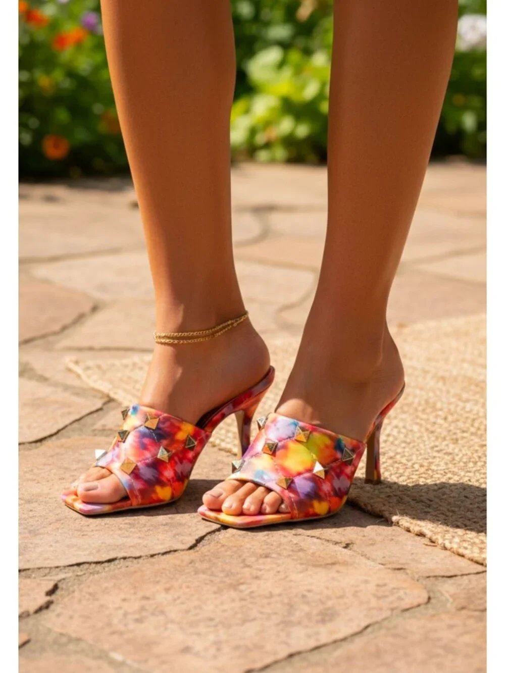 Colorful Tie-Dye Studded High Heel Mules With Quilted Detail & Open Toe Design F